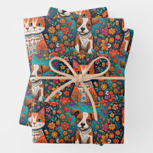 Cute Whimsical Folk Art Cat and Dog and Flowers Wrapping Paper Sheet