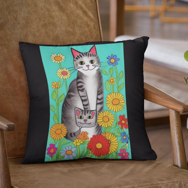 Cute Whimsical Folk Art Cat and Kitten Quote Cushion (Creator Uploaded)