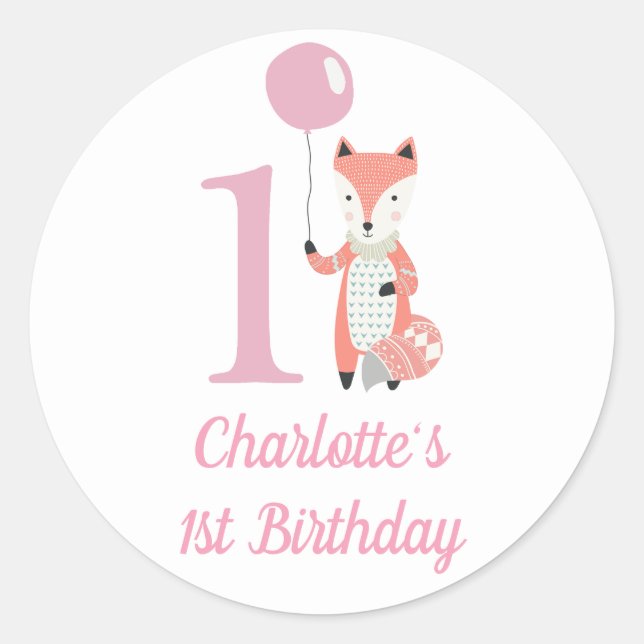 Cute Whimsical Fox & Balloon Pink 1st Birthday Classic Round Sticker (Front)
