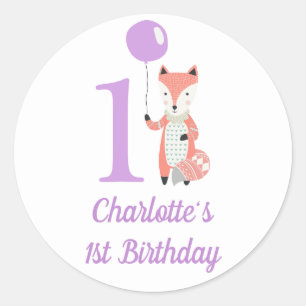 Cute Whimsical Fox & Balloon Purple 1st Birthday Classic Round Sticker