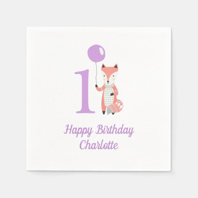 Cute Whimsical Fox & Balloon Purple 1st Birthday Napkin (Front)