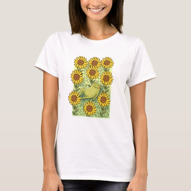 Cute Whimsical Frog And Sunflowers Illustration T-Shirt (Front)