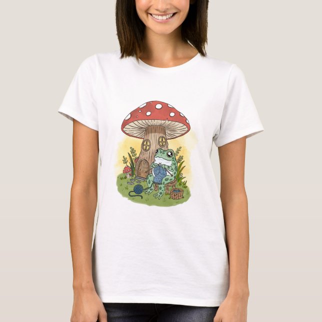Cute Whimsical Frog Knitting Illustration T-Shirt (Front)