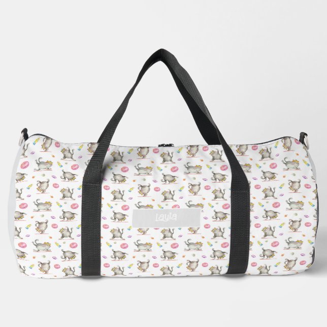 Cute Whimsical Funny Gym Cat Duffle Bag (Front)