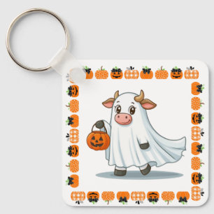 Cute, whimsical, ghost cow key ring
