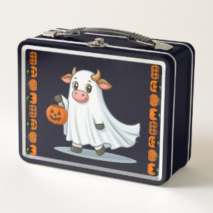 Cute, whimsical, ghost cow metal lunch box