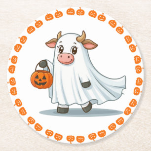 Cute, whimsical, ghost cow round paper coaster