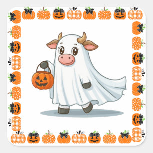 Cute, whimsical, ghost cow square sticker