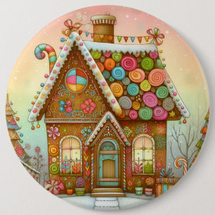 Cute, whimsical gingerbread house 6 cm round badge