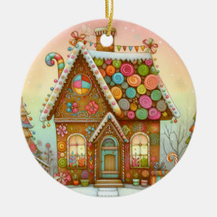 Cute, whimsical gingerbread house ceramic ornament