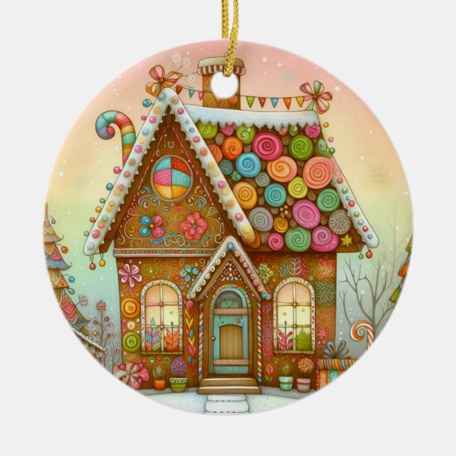 Cute, whimsical gingerbread house ceramic ornament (Front)