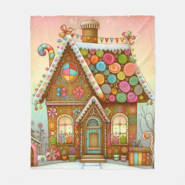 Cute, whimsical gingerbread house fleece blanket (Front)