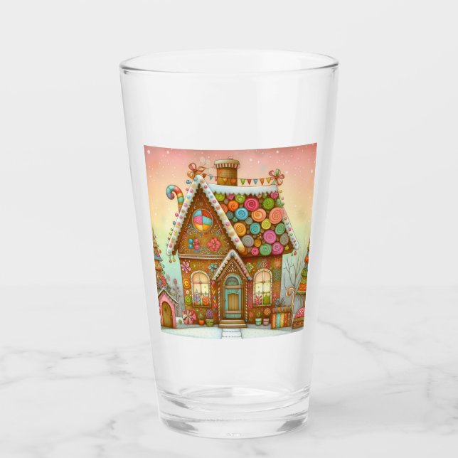 Cute, whimsical gingerbread house glass (Front)