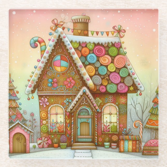 Cute, whimsical gingerbread house glass coaster (Front)