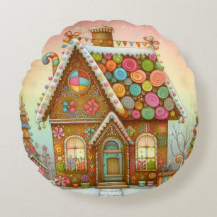 Cute, whimsical gingerbread house round cushion