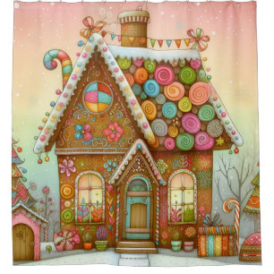 Cute, whimsical gingerbread house shower curtain