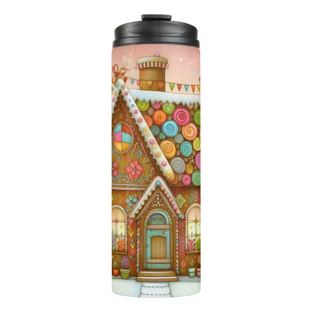 Cute, whimsical gingerbread house thermal tumbler (Front)
