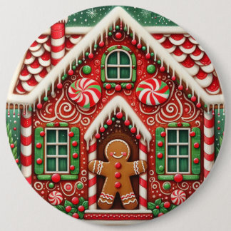 Cute, whimsical gingerbread man & house 6 cm round badge