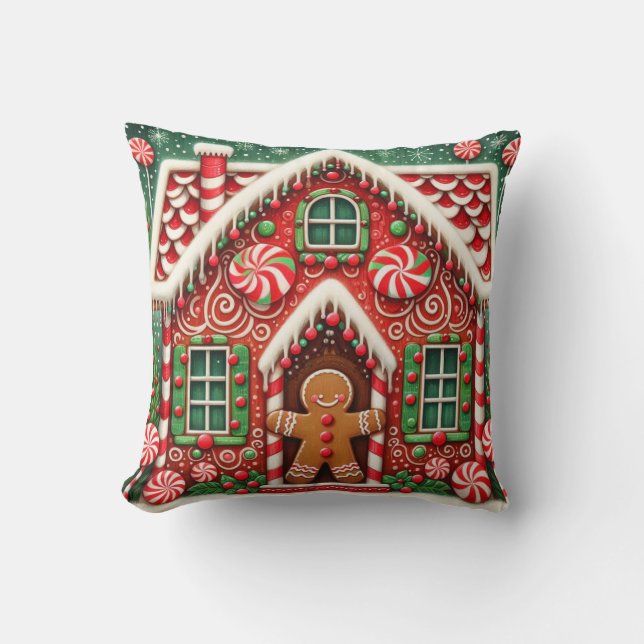 Cute, whimsical gingerbread man & house cushion (Front)