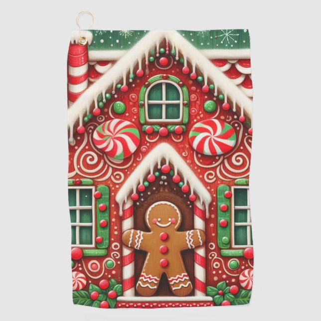 Cute, whimsical gingerbread man & house golf towel (Front)