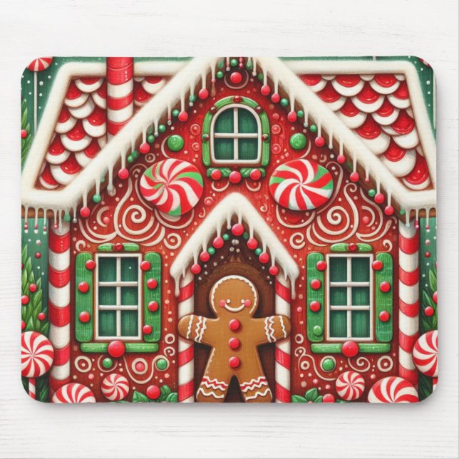 Cute, whimsical gingerbread man & house mouse pad (Front)
