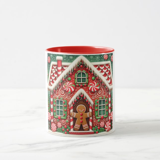 Cute, whimsical gingerbread man & house mug (Center)