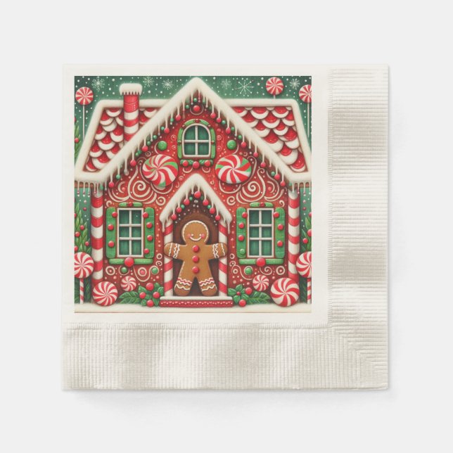 Cute, whimsical gingerbread man & house napkin (Front)