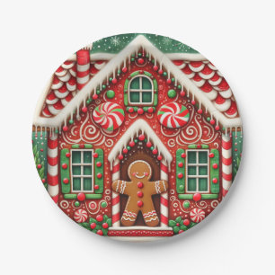 Cute, whimsical gingerbread man & house paper plate