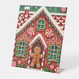 Cute, whimsical gingerbread man & house pedestal sign