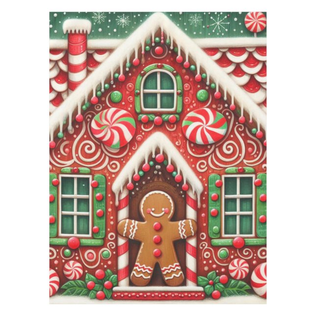Cute, whimsical gingerbread man & house tablecloth (Front)