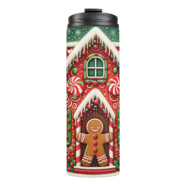 Cute, whimsical gingerbread man & house thermal tumbler (Front)