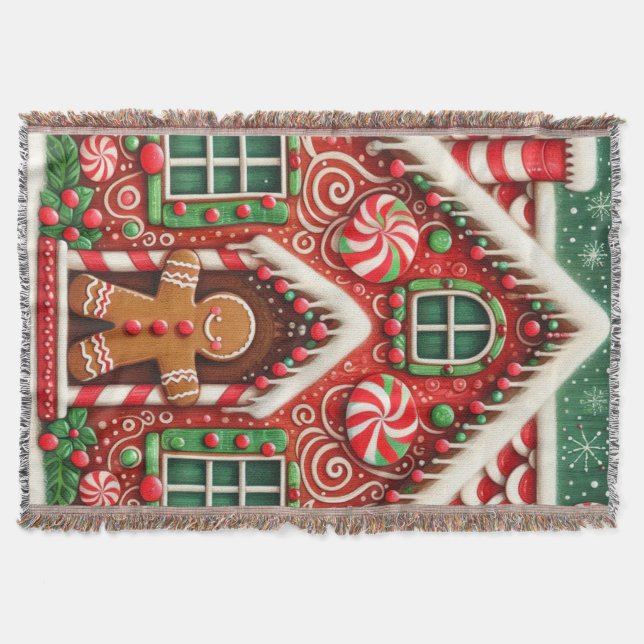 Cute, whimsical gingerbread man & house throw blanket (Front)