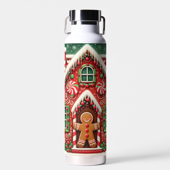 Cute, whimsical gingerbread man & house water bottle (Front)