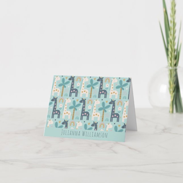 Cute Whimsical Giraffe Pattern Blue Personalised Note Card (Front)