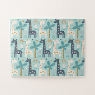 Cute Whimsical Giraffe Pattern in Pastel Blue Jigsaw Puzzle