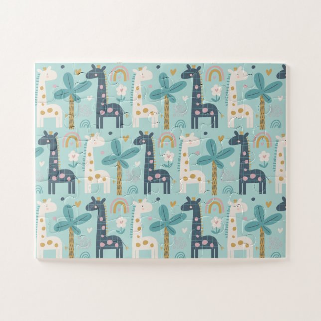 Cute Whimsical Giraffe Pattern in Pastel Blue Jigsaw Puzzle (Horizontal)