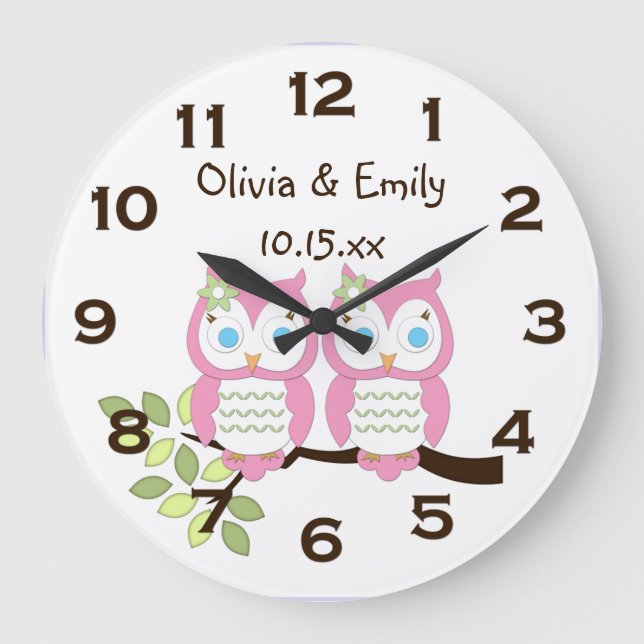 Cute Whimsical Girl Pink Owl Twins Wall Clock (Front)
