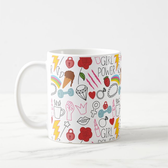Cute Whimsical Girl Power Doodle Retro Coffee Mug (Left)