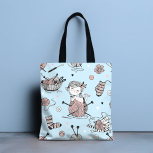 Cute Whimsical Girly Funny Knitting Wool Cat Tote Bag