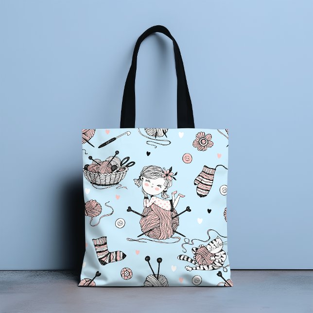 Cute Whimsical Girly Funny Knitting Wool Cat Tote Bag (Creator Uploaded)