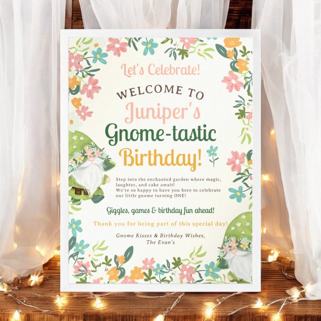 Cute Whimsical Gnome First Birthday Welcome Poster (Cute Whimsical Gnome First Birthday Welcome Poster)
