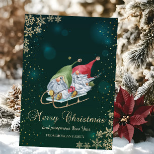 Cute Whimsical Gnomes Sleigh Snowflakes Holiday Card