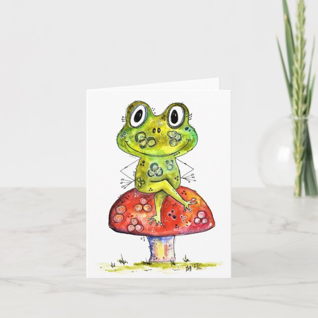 Cute Whimsical Green Frog on Toadstool Card (Front)
