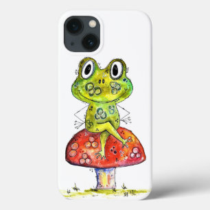 Cute Whimsical Green Frog on Toadstool iPhone 13 Case