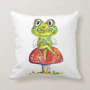 Cute Whimsical Green Frog on Toadstool Cushion