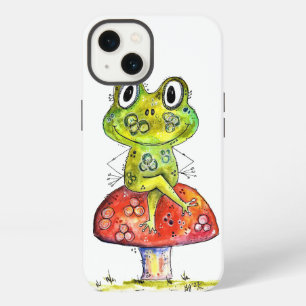 Cute Whimsical Green Frog on Toadstool iPhone 13 Case