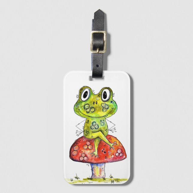 Cute Whimsical Green Frog on Toadstool Luggage Tag (Front Vertical)
