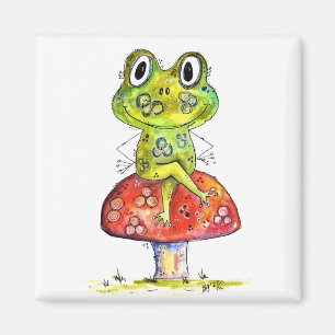 Cute Whimsical Green Frog on Toadstool Magnet