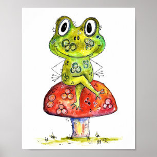 Cute Whimsical Green Frog on Toadstool Poster