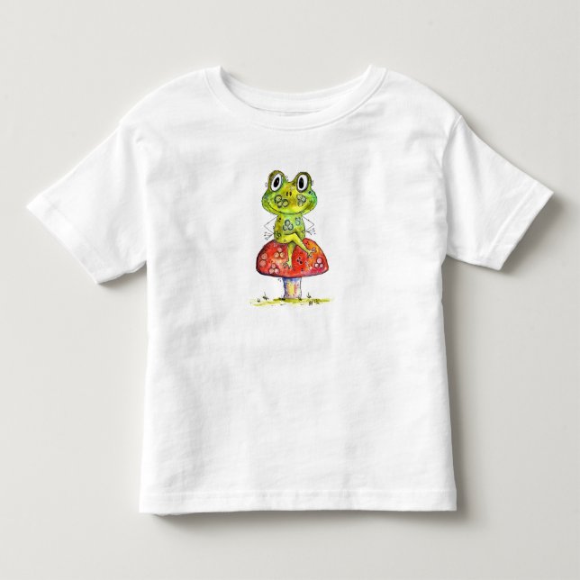 Cute Whimsical Green Frog on Toadstool Toddler T-Shirt (Front)